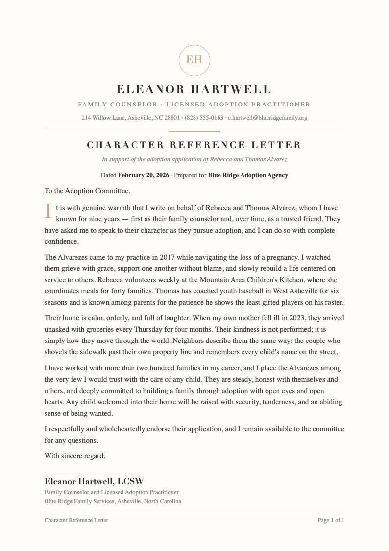 Elegant sophisticated character reference letter